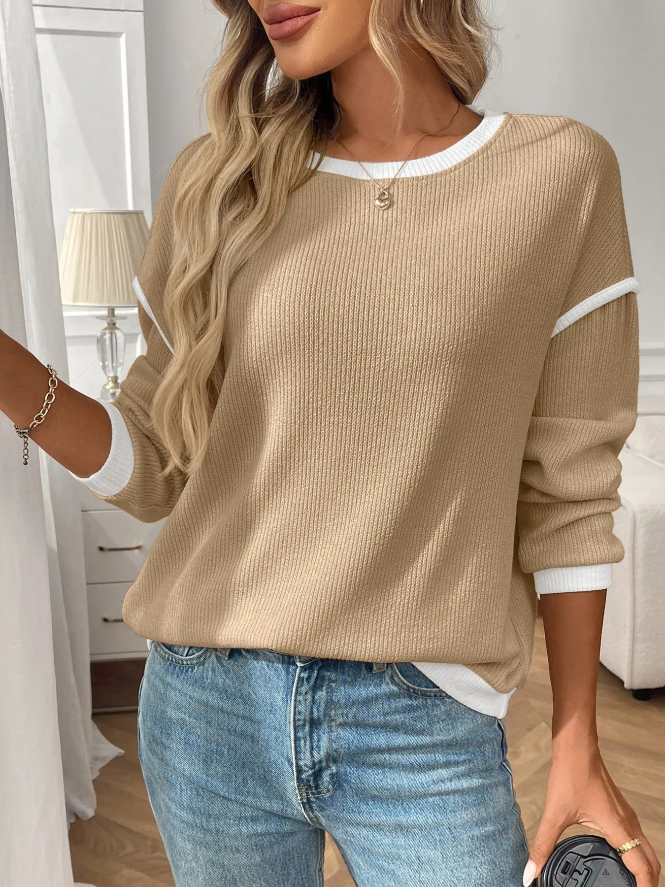 Ribbed Contrast Trim Long Sleeve Top - Fashorio