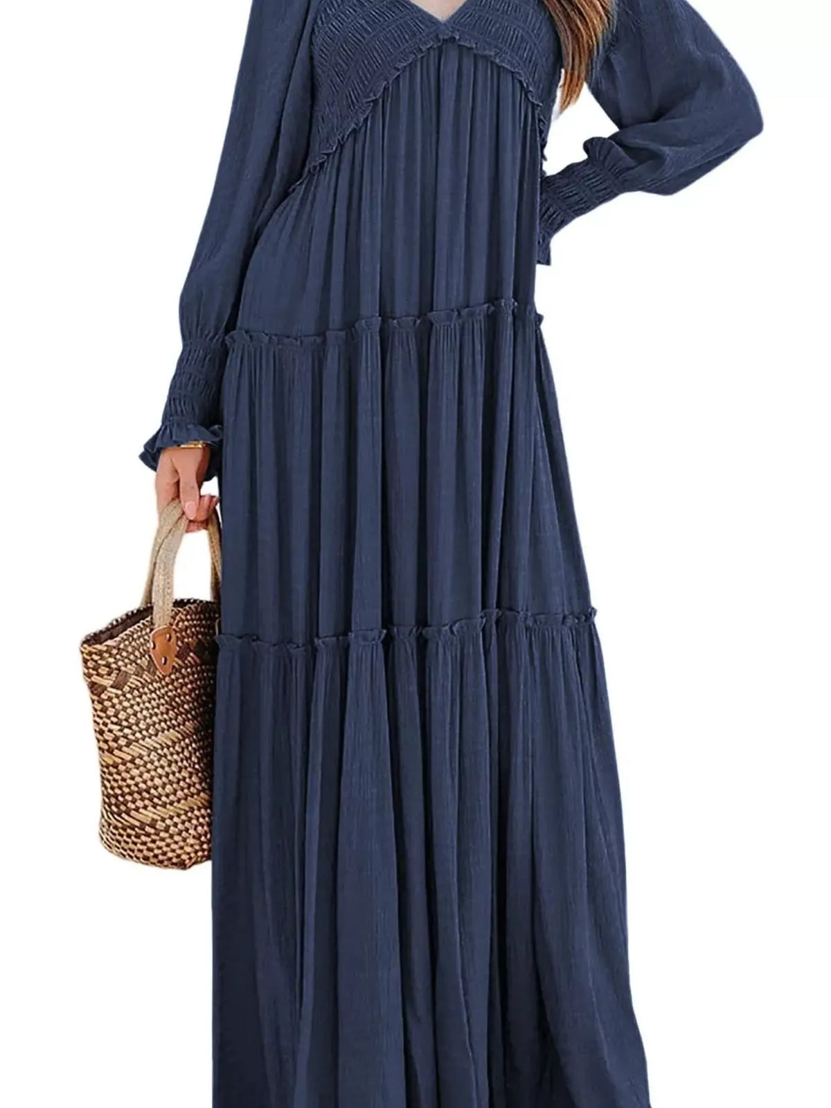 v neck long sleeve tiered maxi dress close up 3