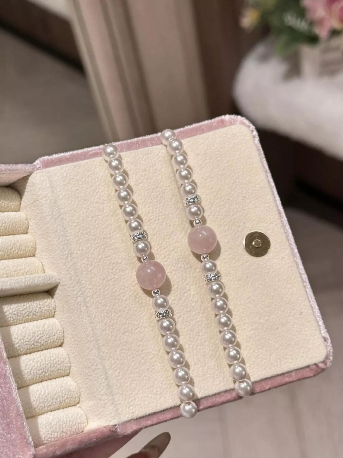Blush pink pearl and crystal bracelet fabric detail