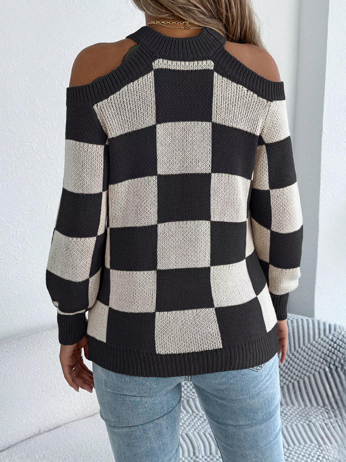 Checked Cold Shoulder Long Sleeve Sweater side view