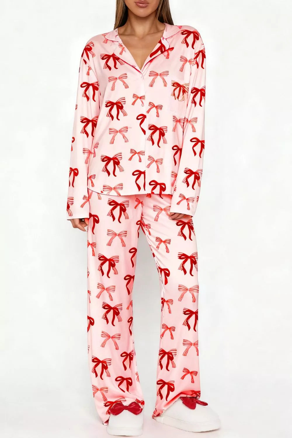 Bow Print Top and Wide Leg Pants Lounge Set, view 7