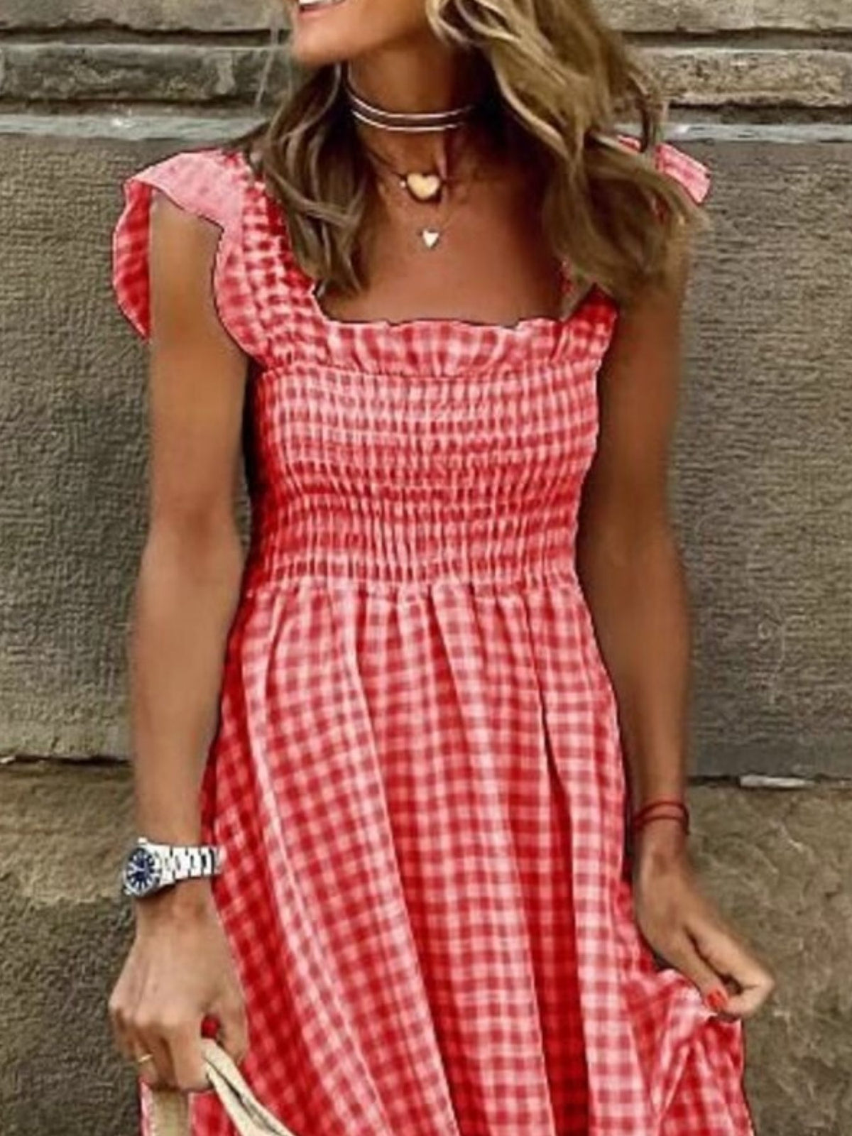 Plaid ruffle sleeve maxi dress full length view