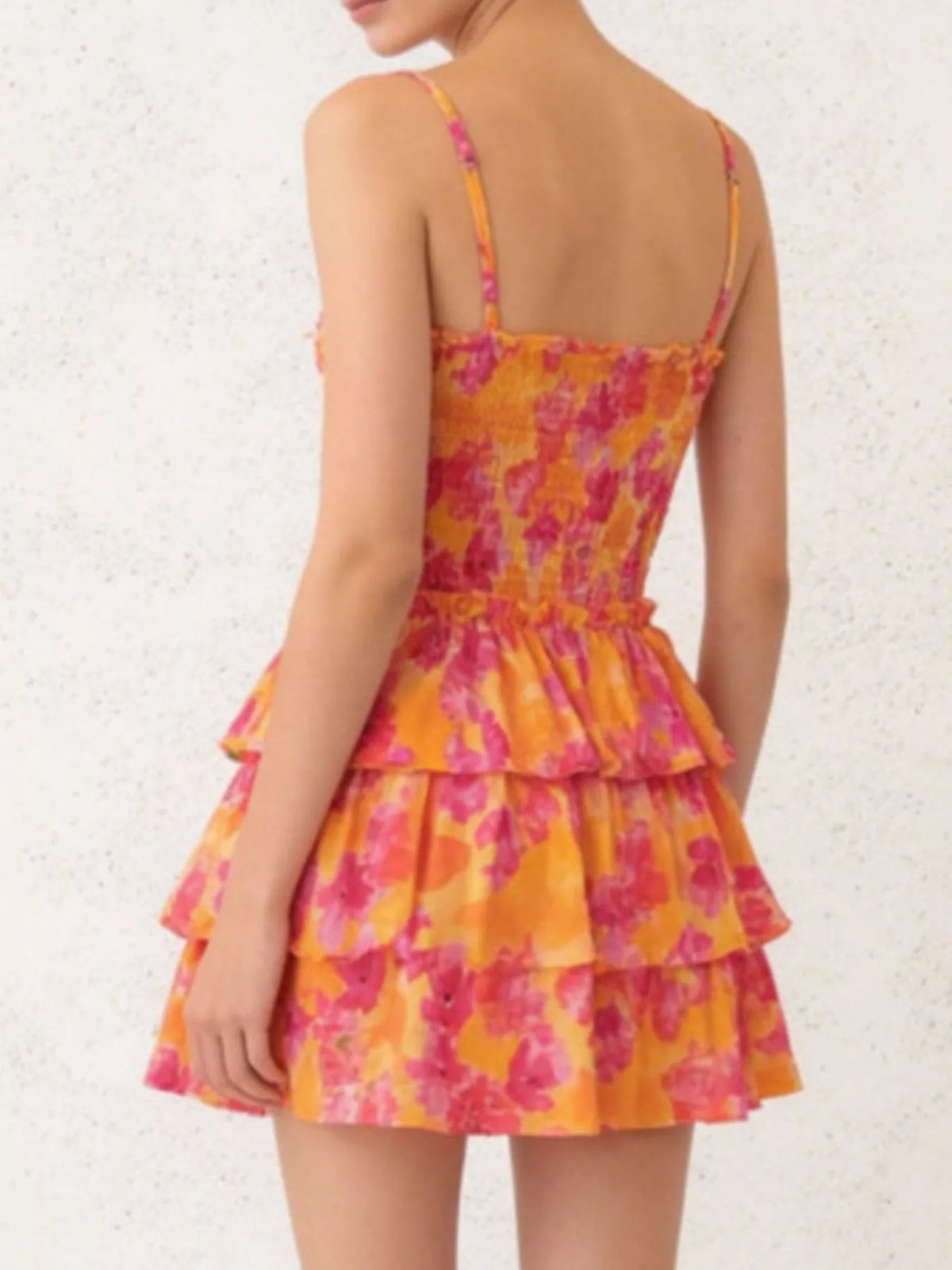 Orange floral cutout ruffle mini dress styled view
