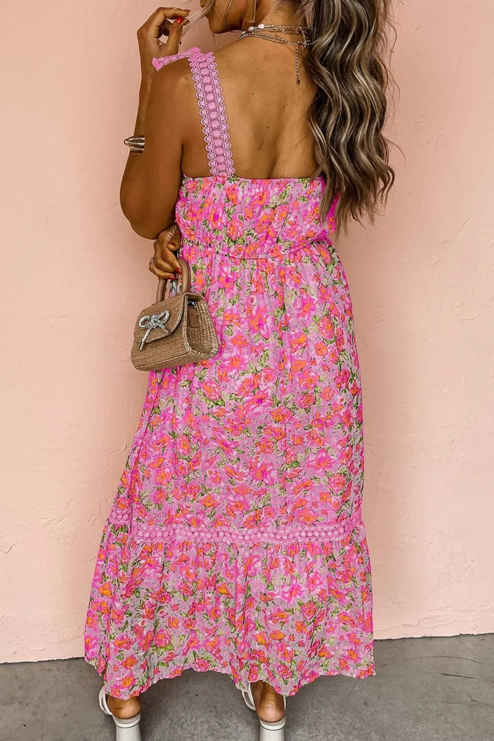 Square neck floral lace maxi dress full length