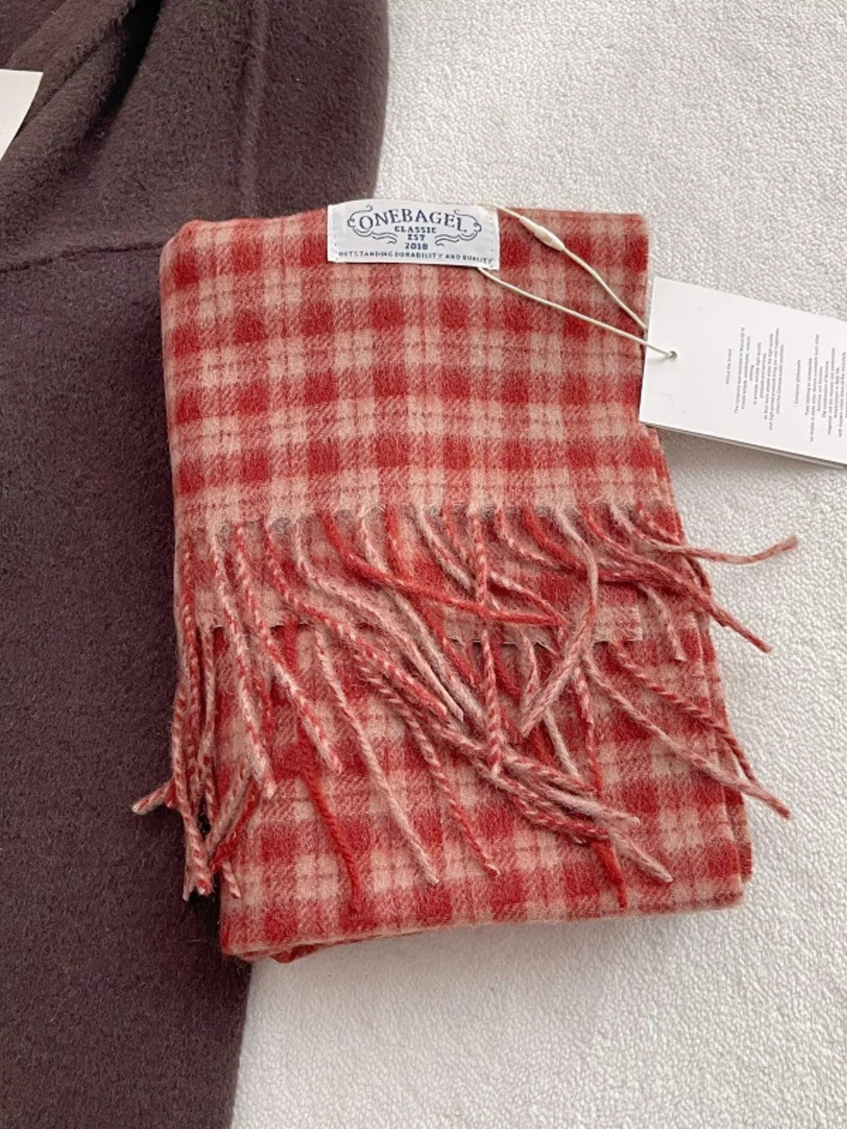 Classic fringe scarf shown in natural light