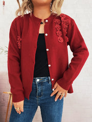 Flower Button Up Long Sleeve Cardigan Red One Size - Fashorio