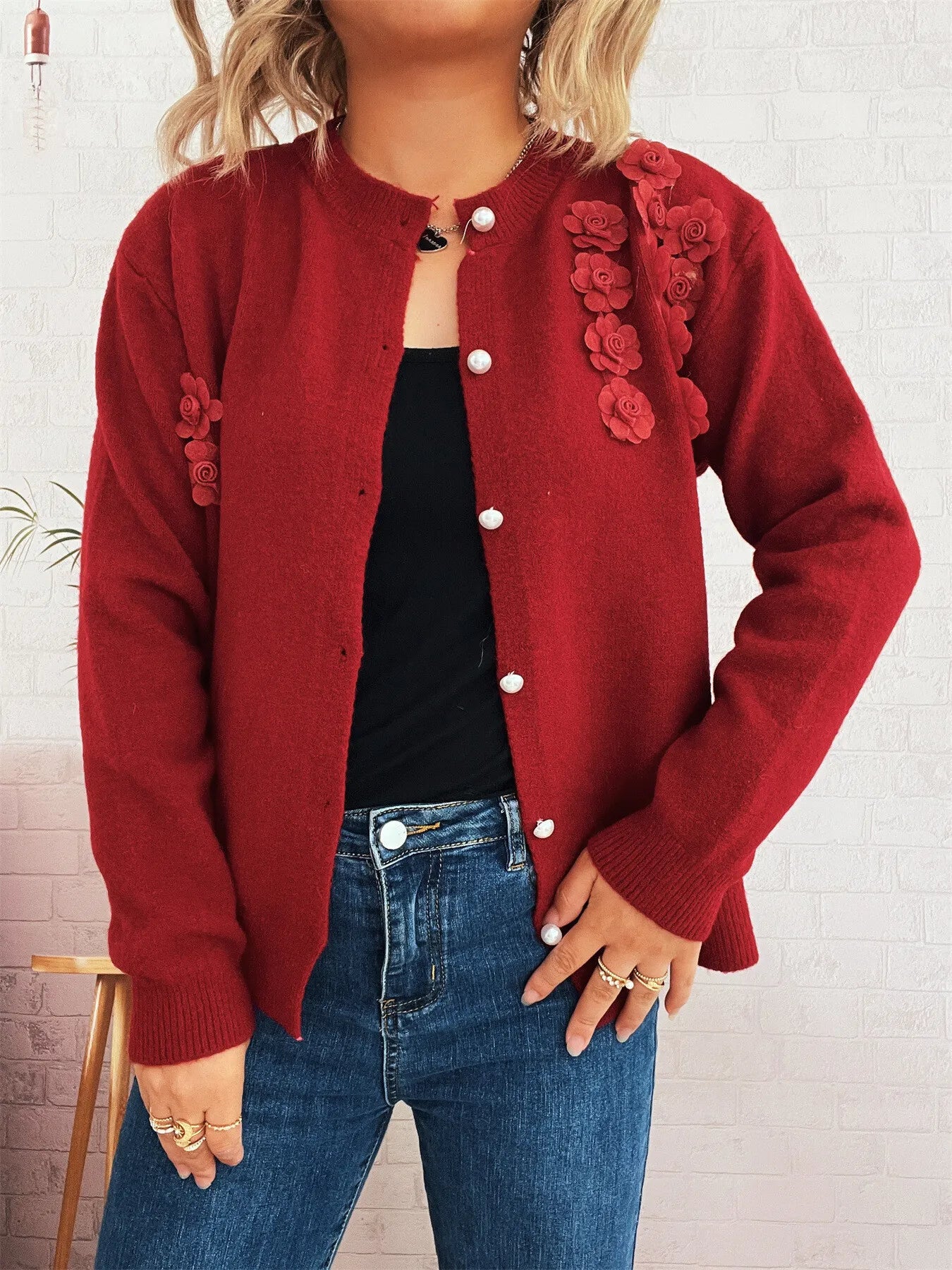 Flower Button Up Long Sleeve Cardigan Red One Size - Fashorio
