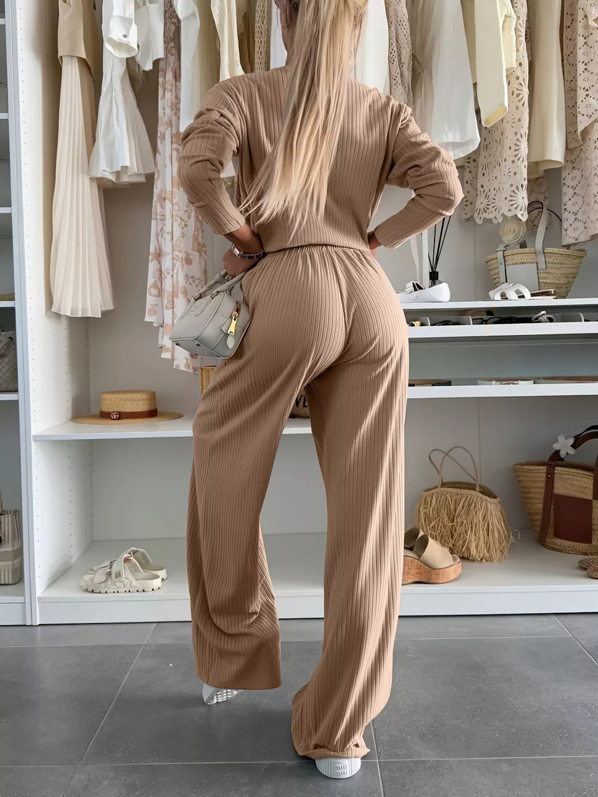 Ribbed Knit Round Neck Top and Pants Set, view 5
