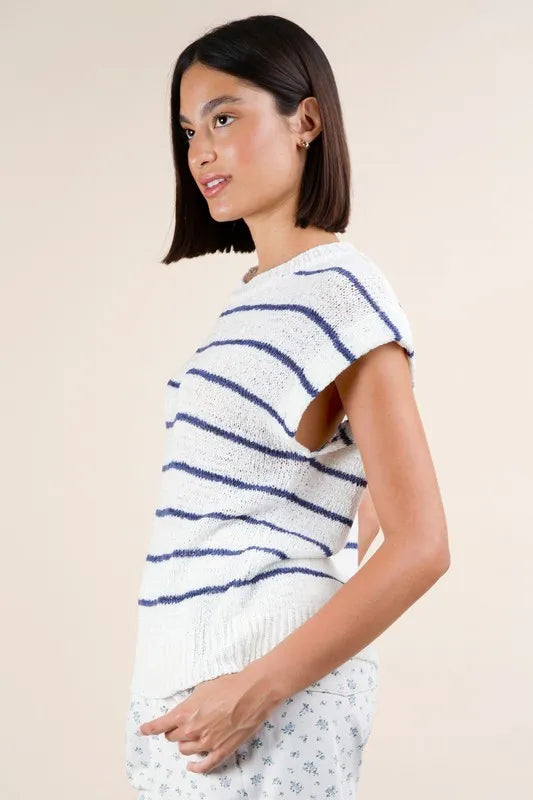 Striped Knit Sweater Vest Top in White detail