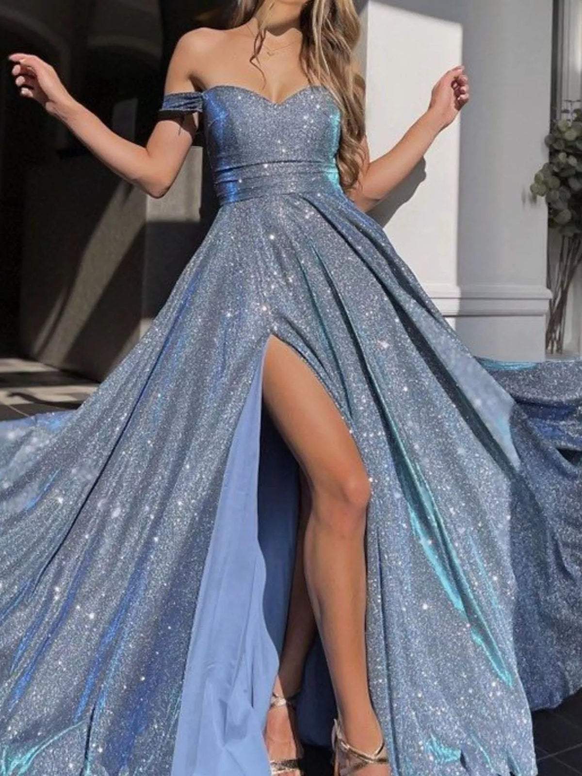 Off Shoulder High Slit Maxi Dress front view