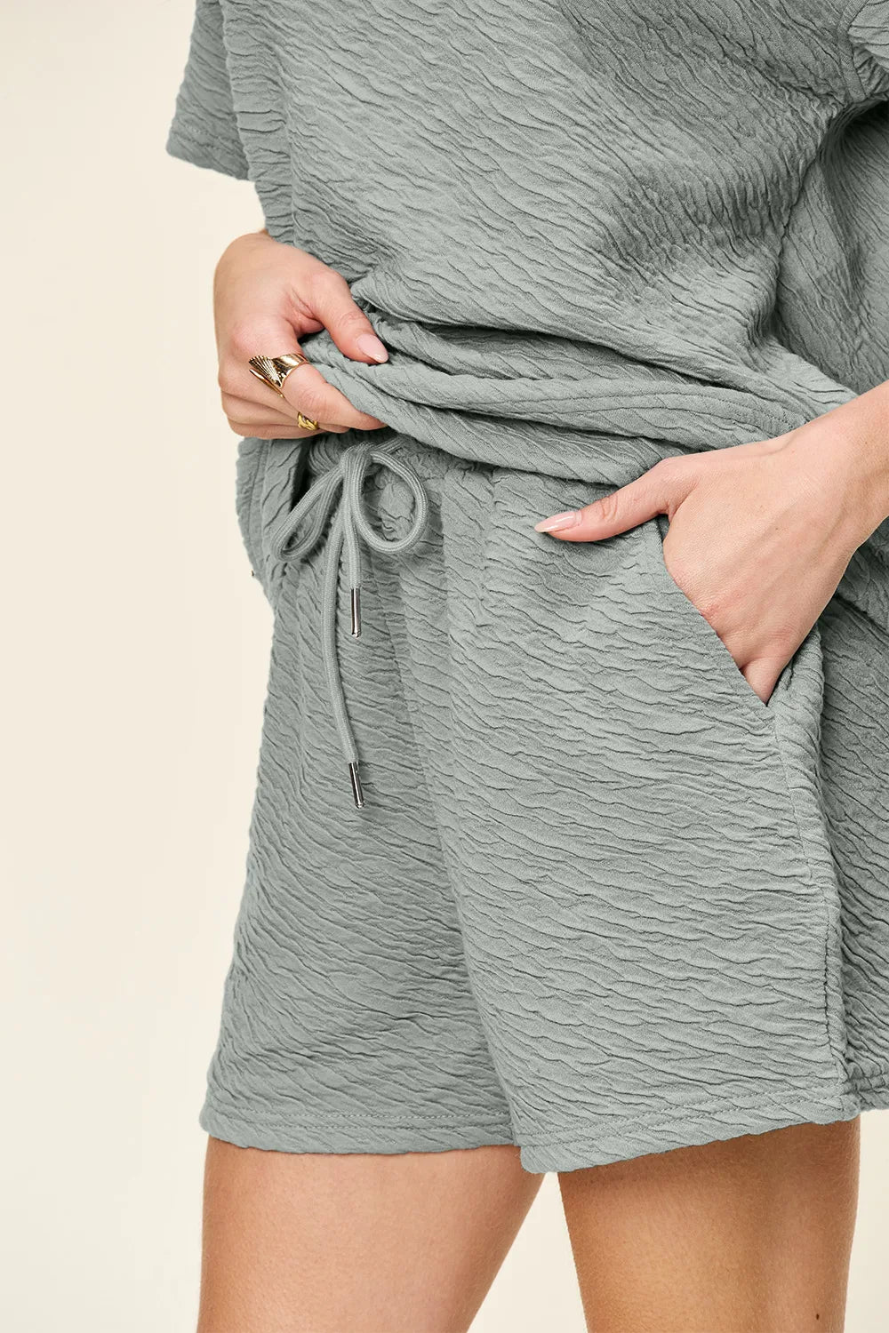 Double Take Full Size Texture Short Sleeve T-Shirt and Drawstring Shorts Set - Fashorio