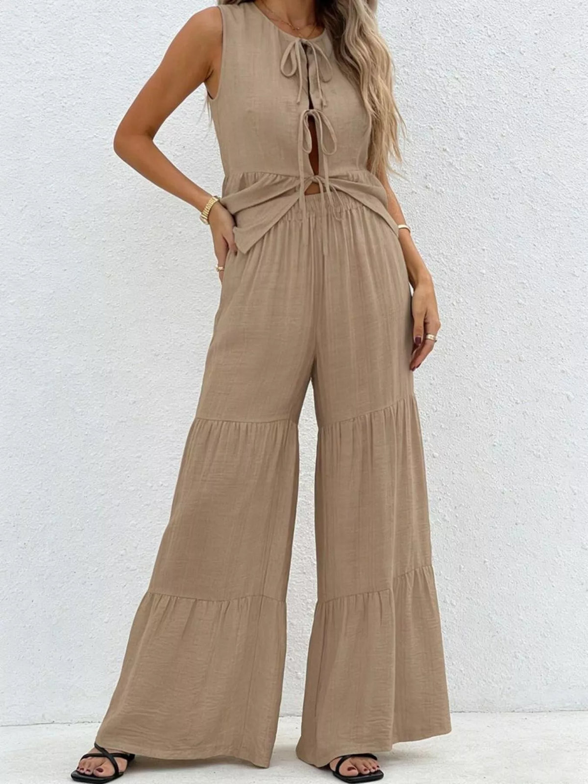Sleeveless top ruffle detail styled look