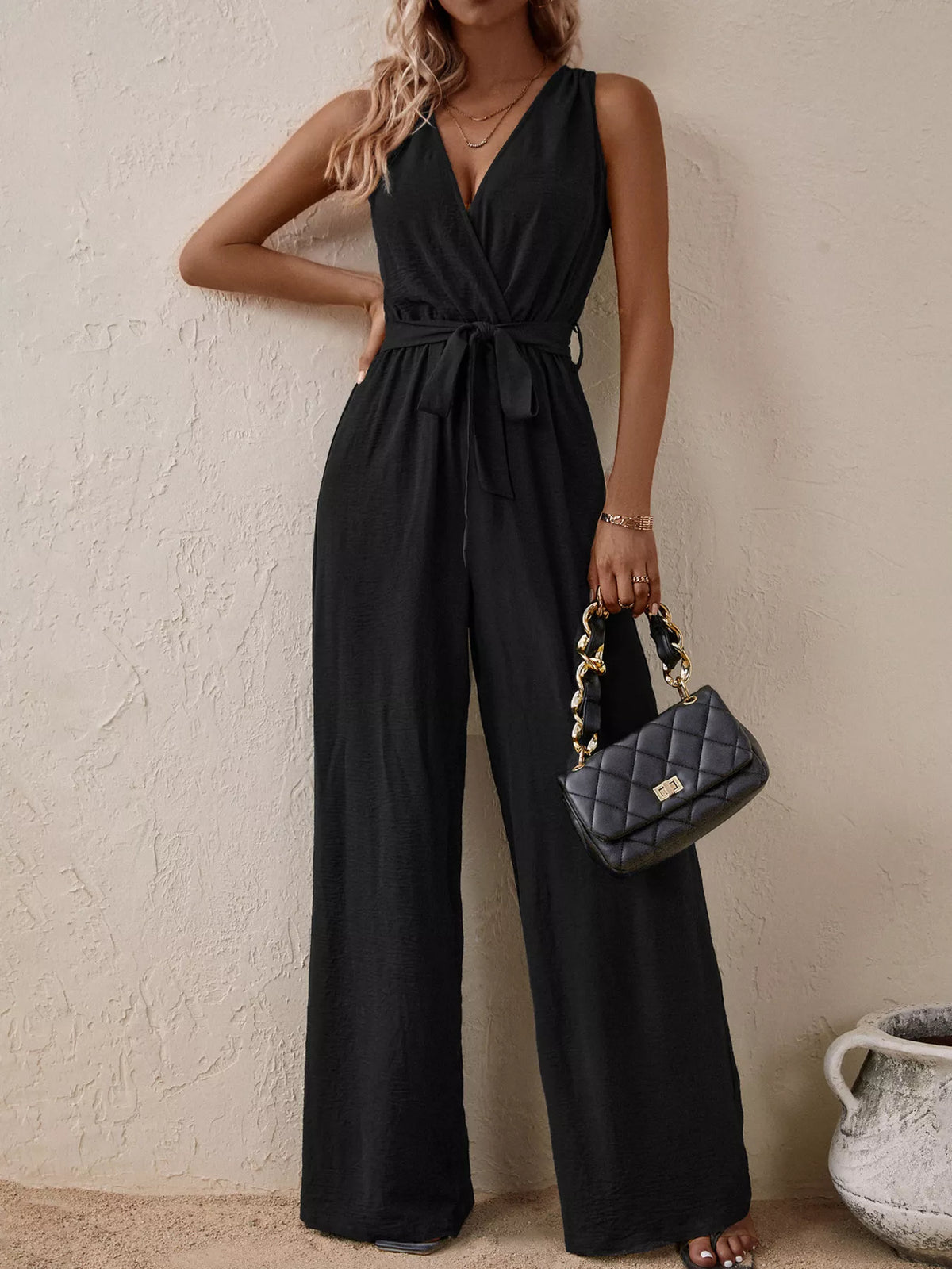 Sleeveless tie waist wide leg jumpsuit front view