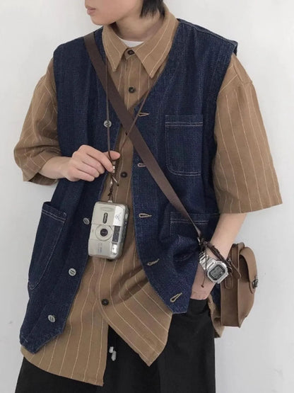Men's Plus Size Button Up V-Neck Denim Vest - Fashorio