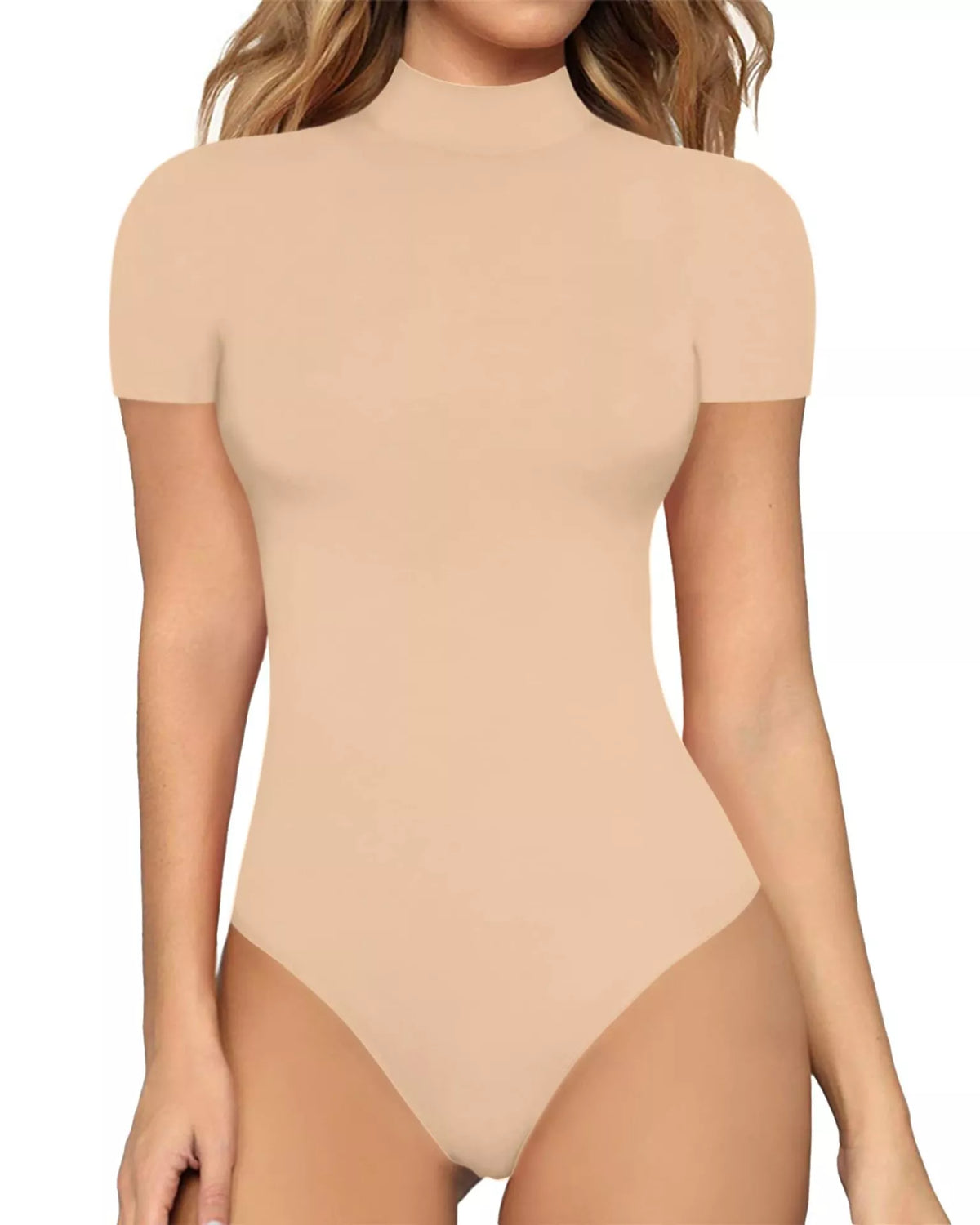 Mock neck short sleeve bodysuit styled outfit view