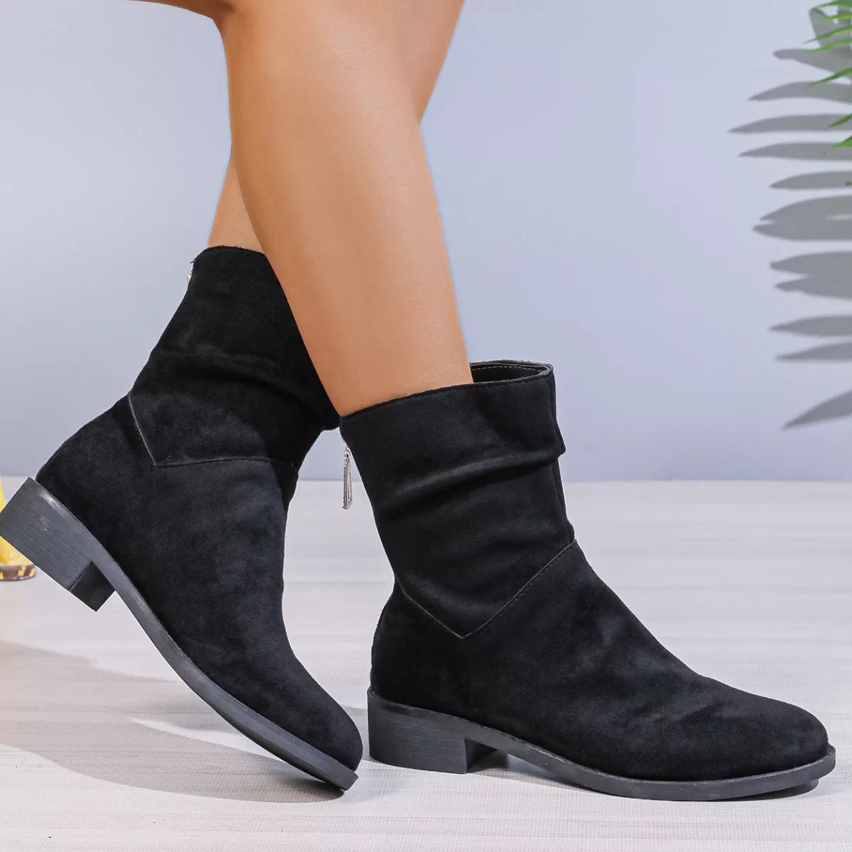 Suede Point Toe Block Heel Boots upper detail