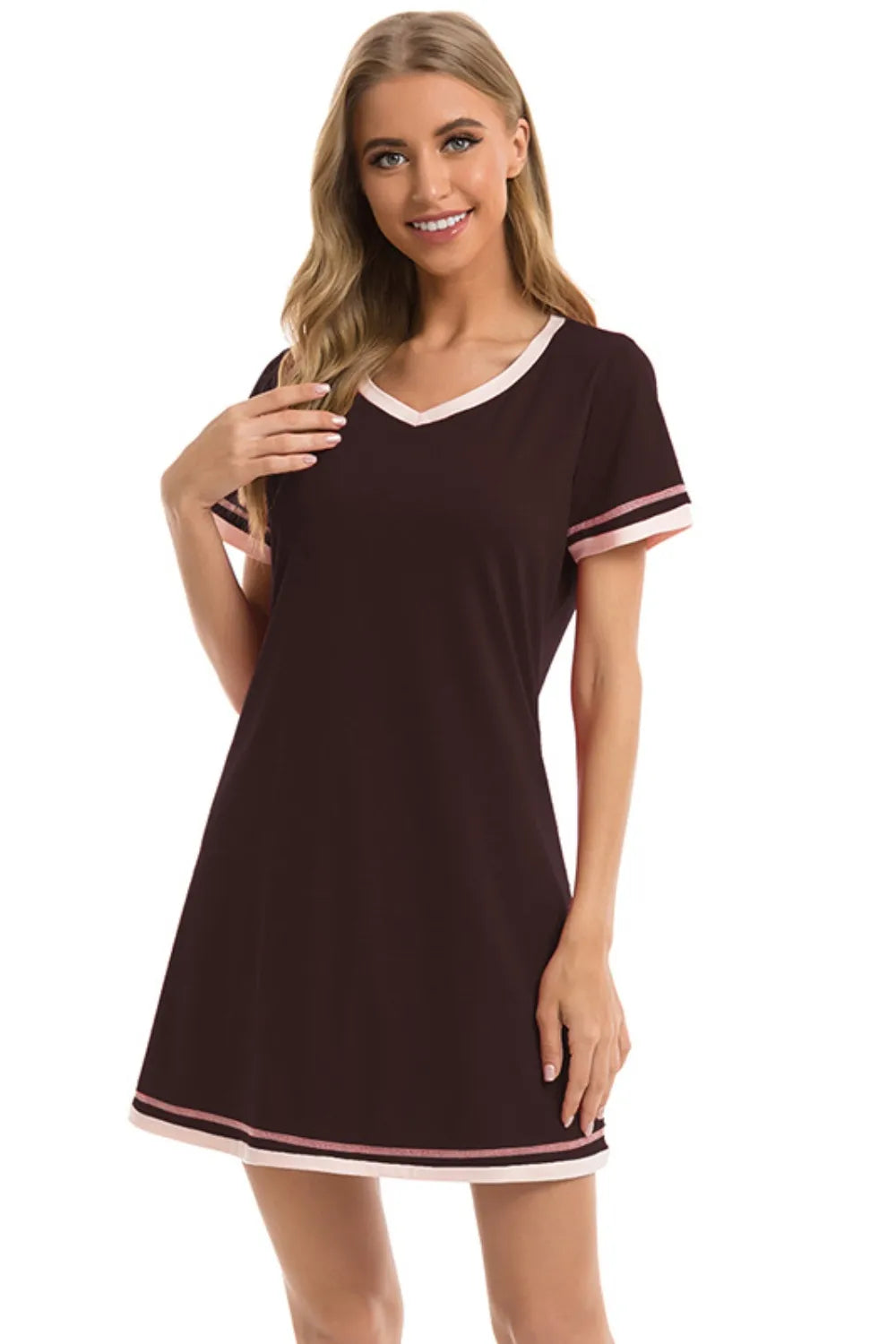 Contrast Trim Short Sleeve Lounge Dress Chocolate - Fashorio