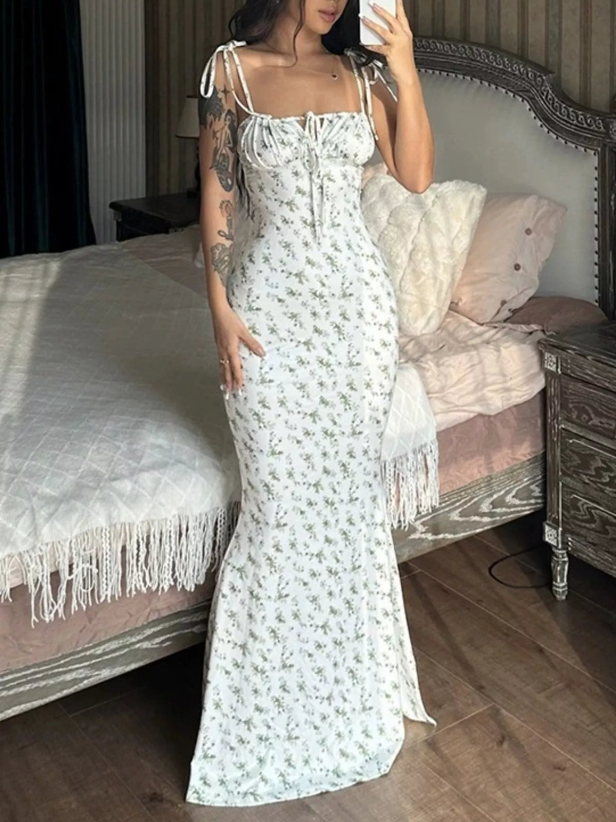 Floral tie strap bodycon maxi dress full length view