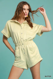 Umgee Button Down Charmeuse Romper BUTTER - Fashorio