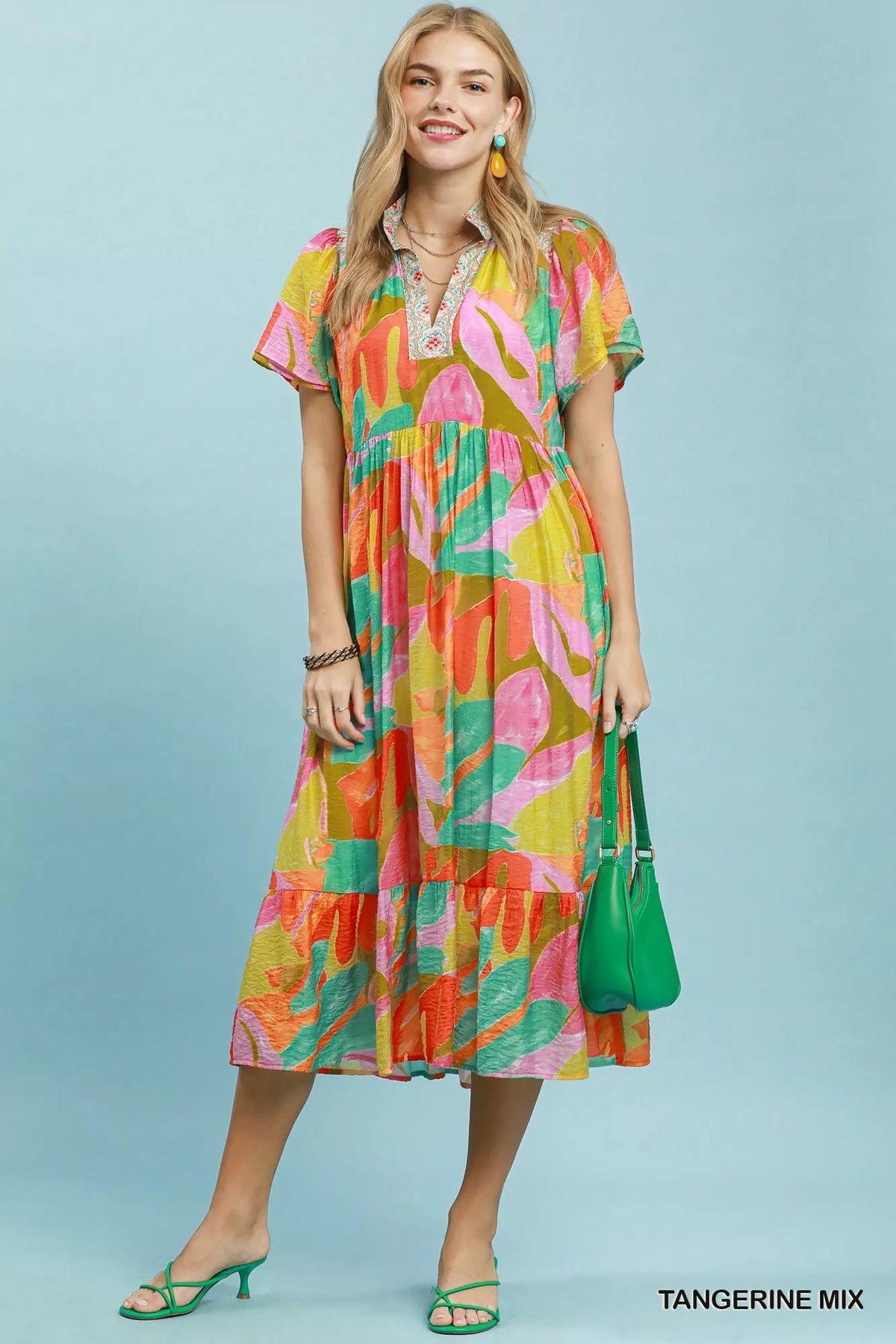 Tropical print midi dress tiered skirt movement