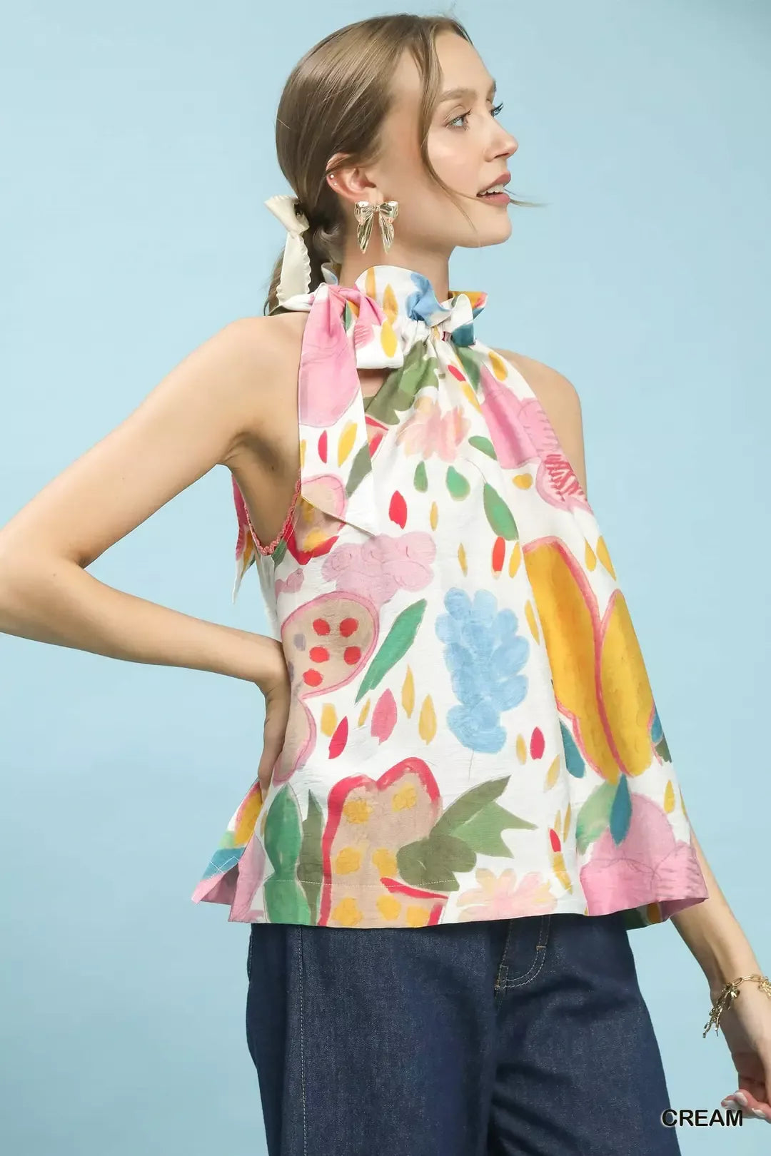 Umgee cream floral halter neck boho top back view