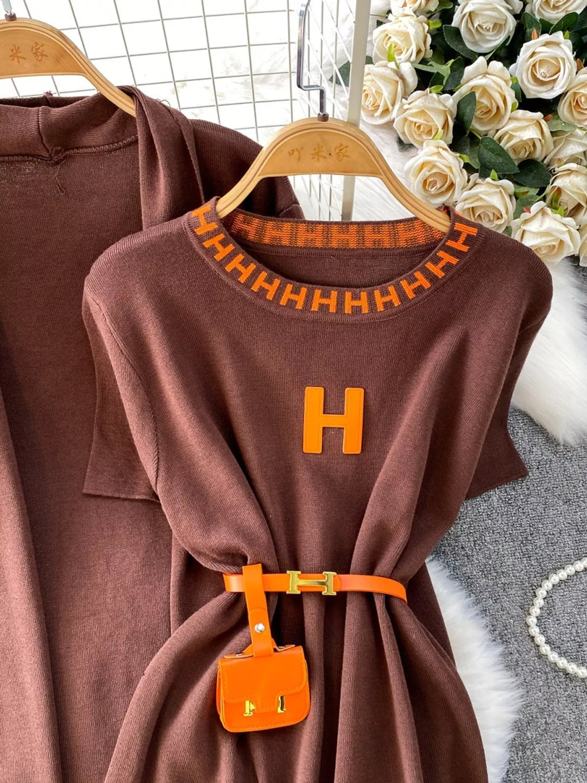 Round Neck Knitted Dress and Cardigan Set, view 15