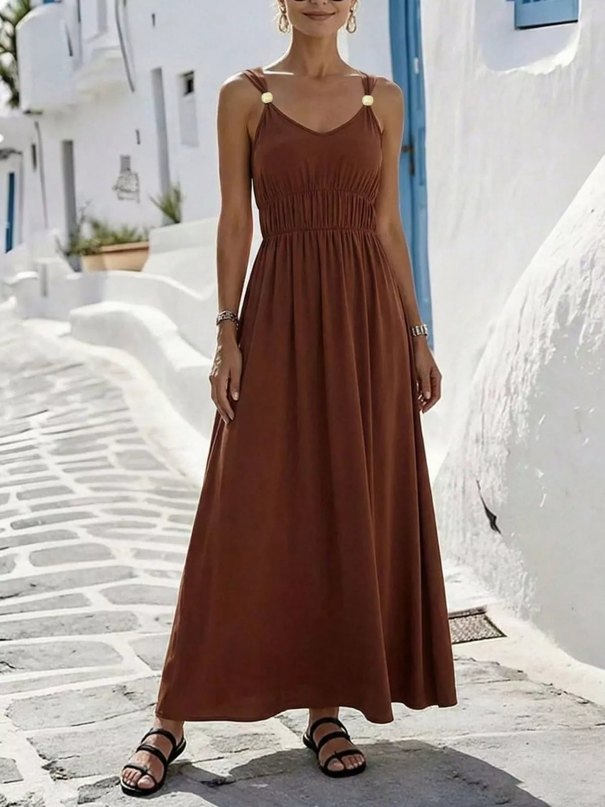 Brown maxi dress shown from the side
