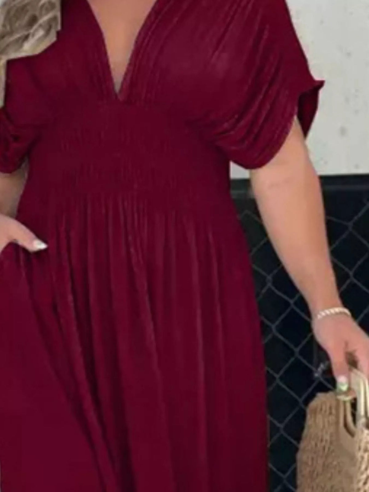 Slit V neck smocked waist maxi dress flat lay