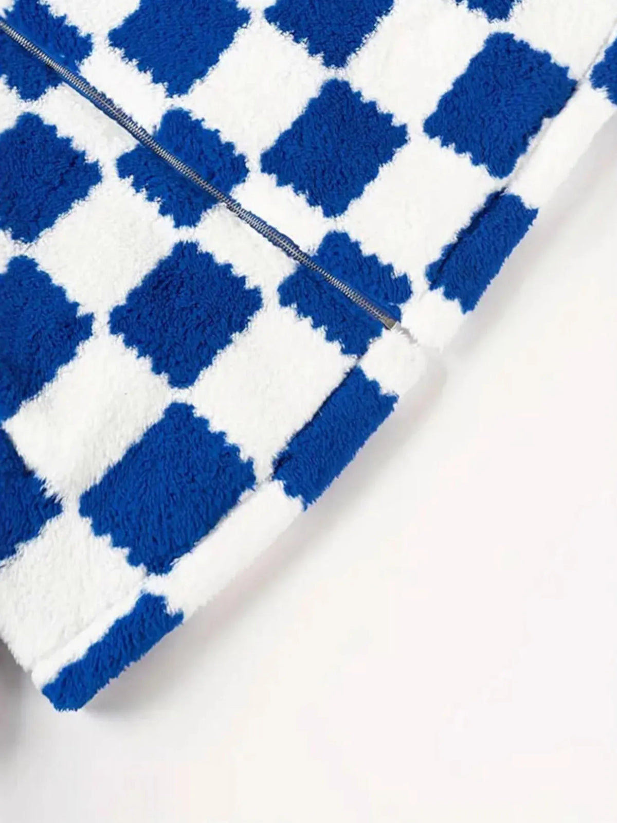 Checkered Fleece Oversized Zip Up Jacket in Blue on model