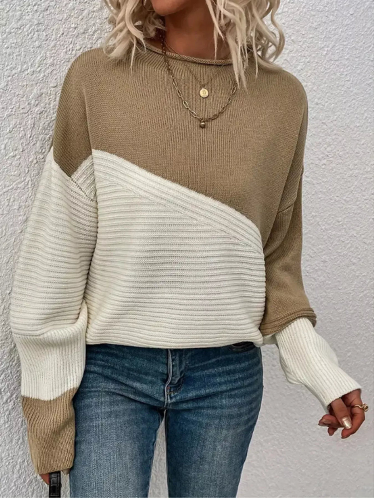 Color Block Ribbed Knit Sweater back view