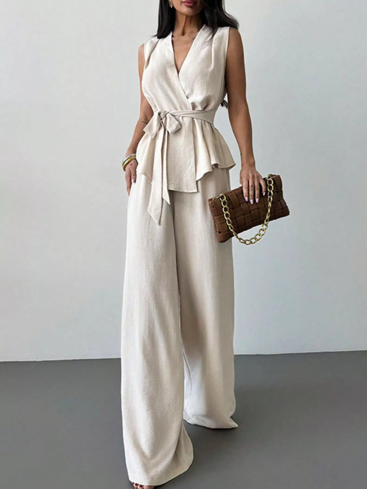 White wide leg pants set flowing silhouette