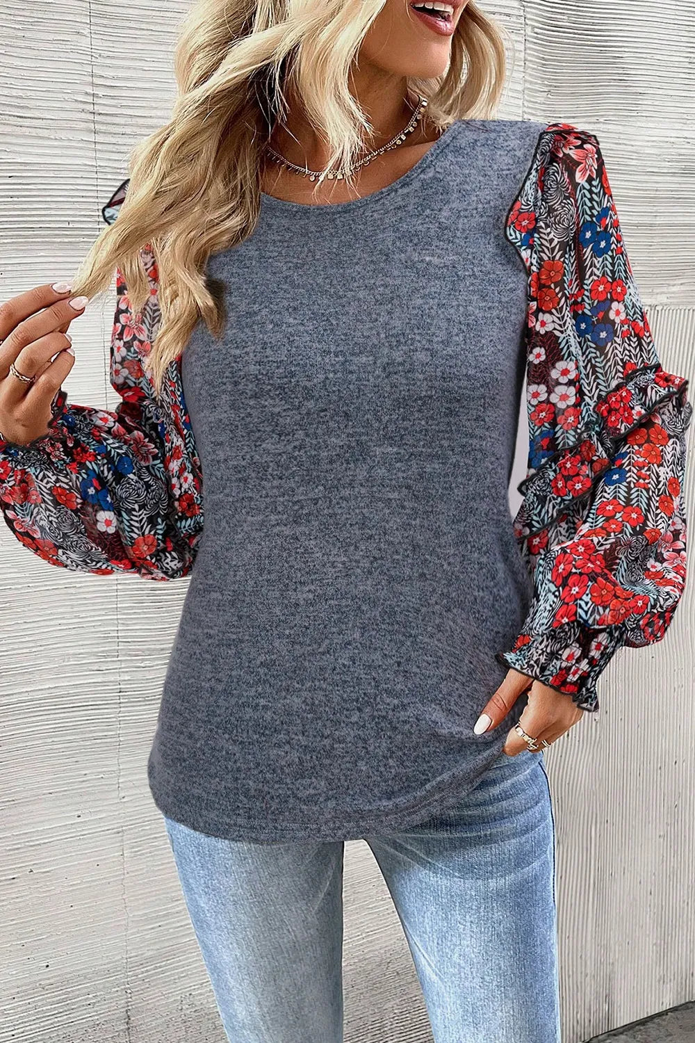 Heathered Floral Frill Lantern Sleeve Blouse - Fashorio