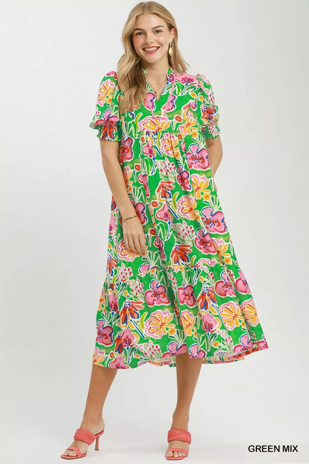Floral Puff Sleeve Tiered Midi Dress in Green back view