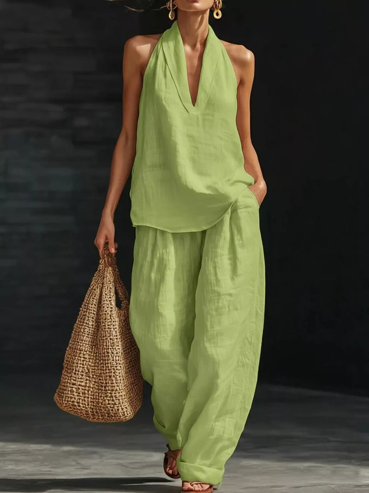 Halter Neck Top and Wide Leg Pants Set Plus Size, view 14