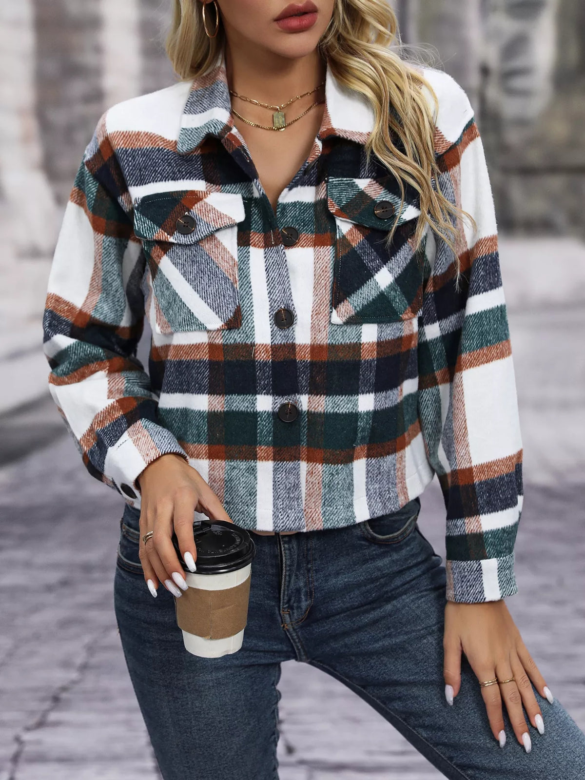Plaid Oversized Cropped Jacket in Taupe view 8