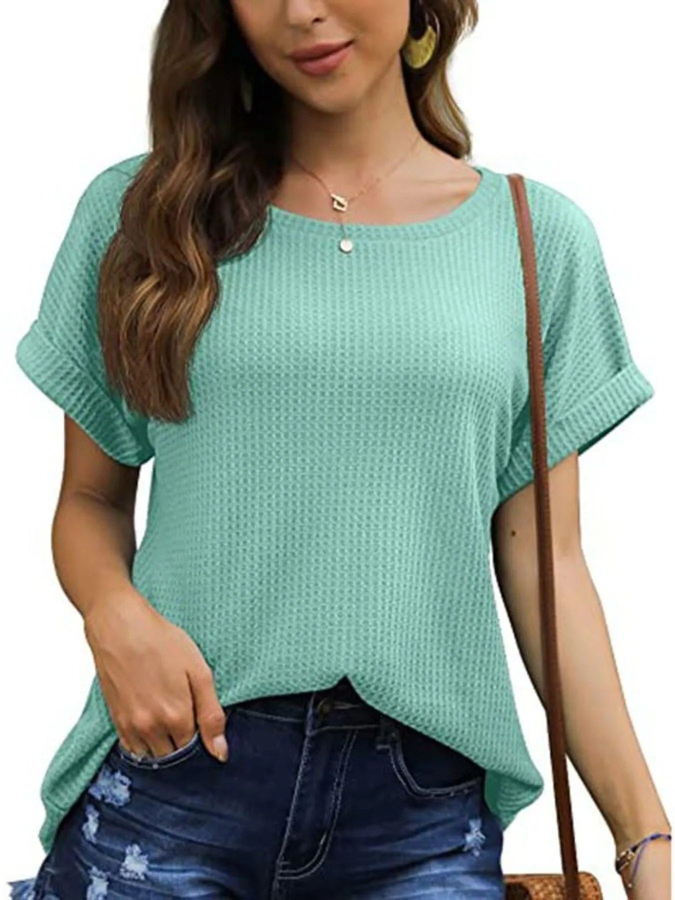 Full Size Waffle Knit Relaxed Fit T-Shirt Plus Size Green - Fashorio