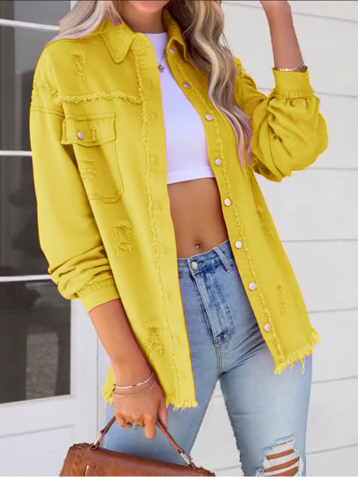 Distressed Frayed Edge Denim Jacket in Camel view 9