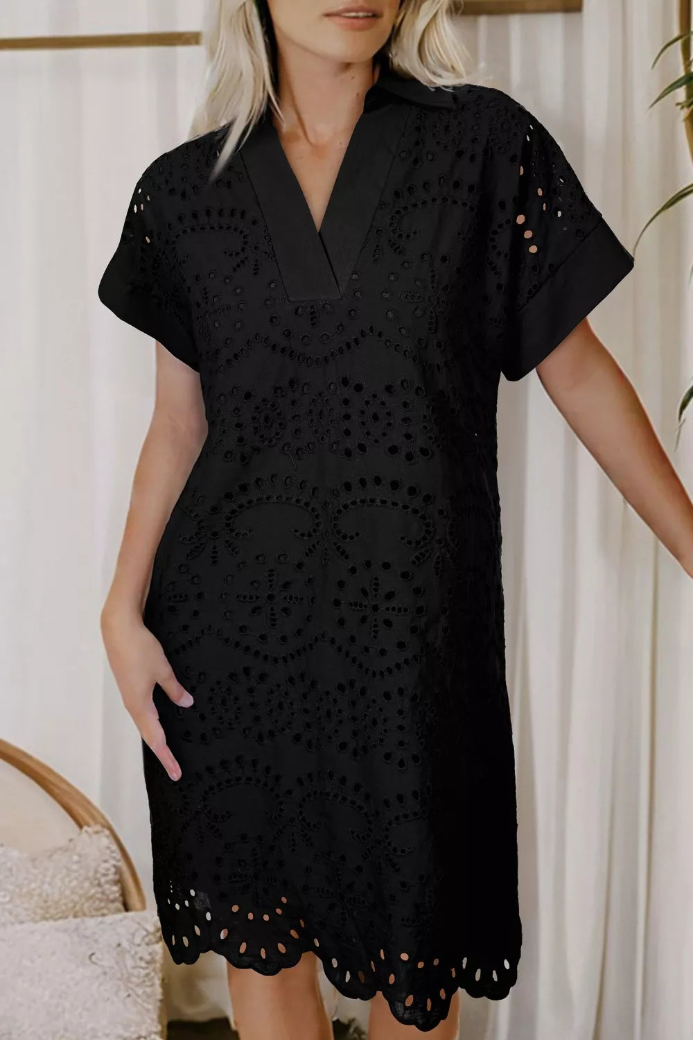 Black eyelet trim short sleeve dress front view