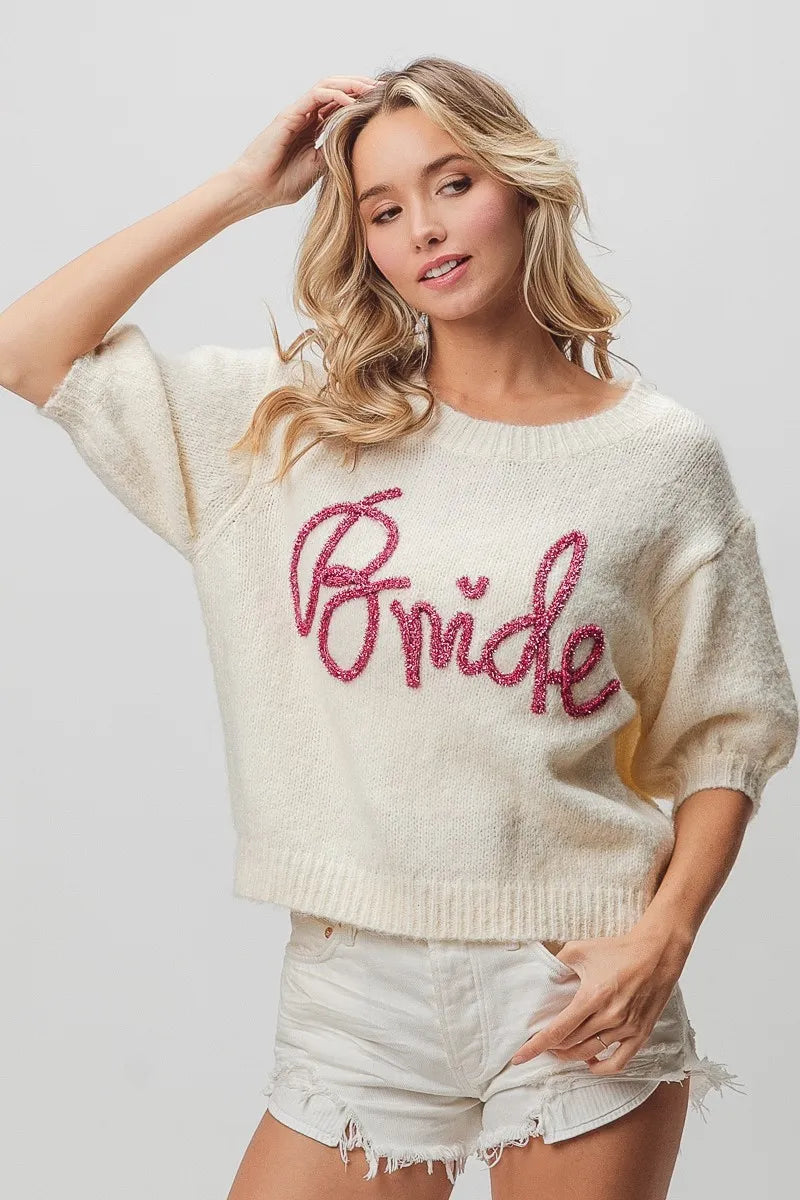 Metallic Letter Fuzzy Puff Sleeve Top in Ivory view 10