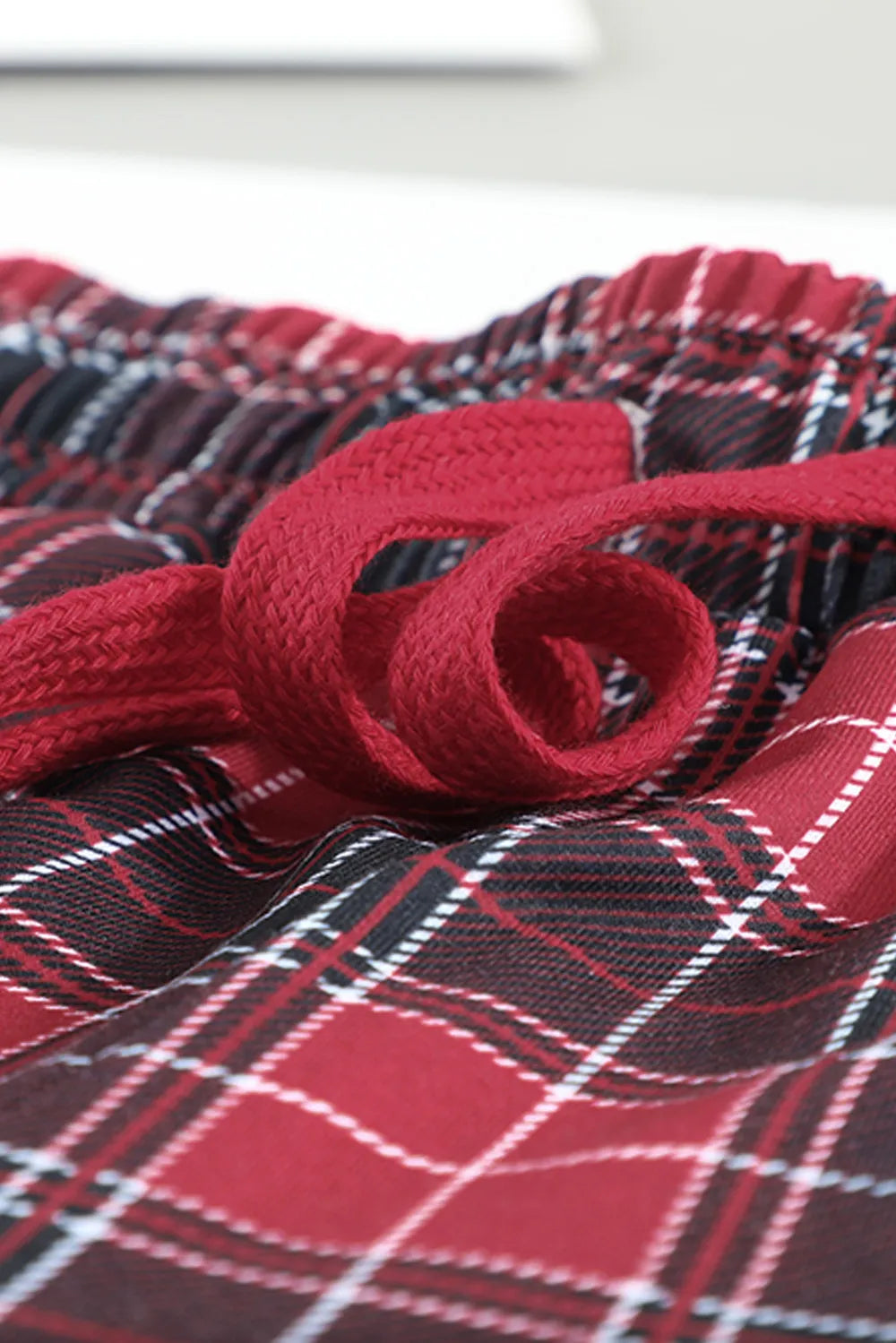 Round Neck Top and Drawstring Plaid Pants Lounge Set - Fashorio