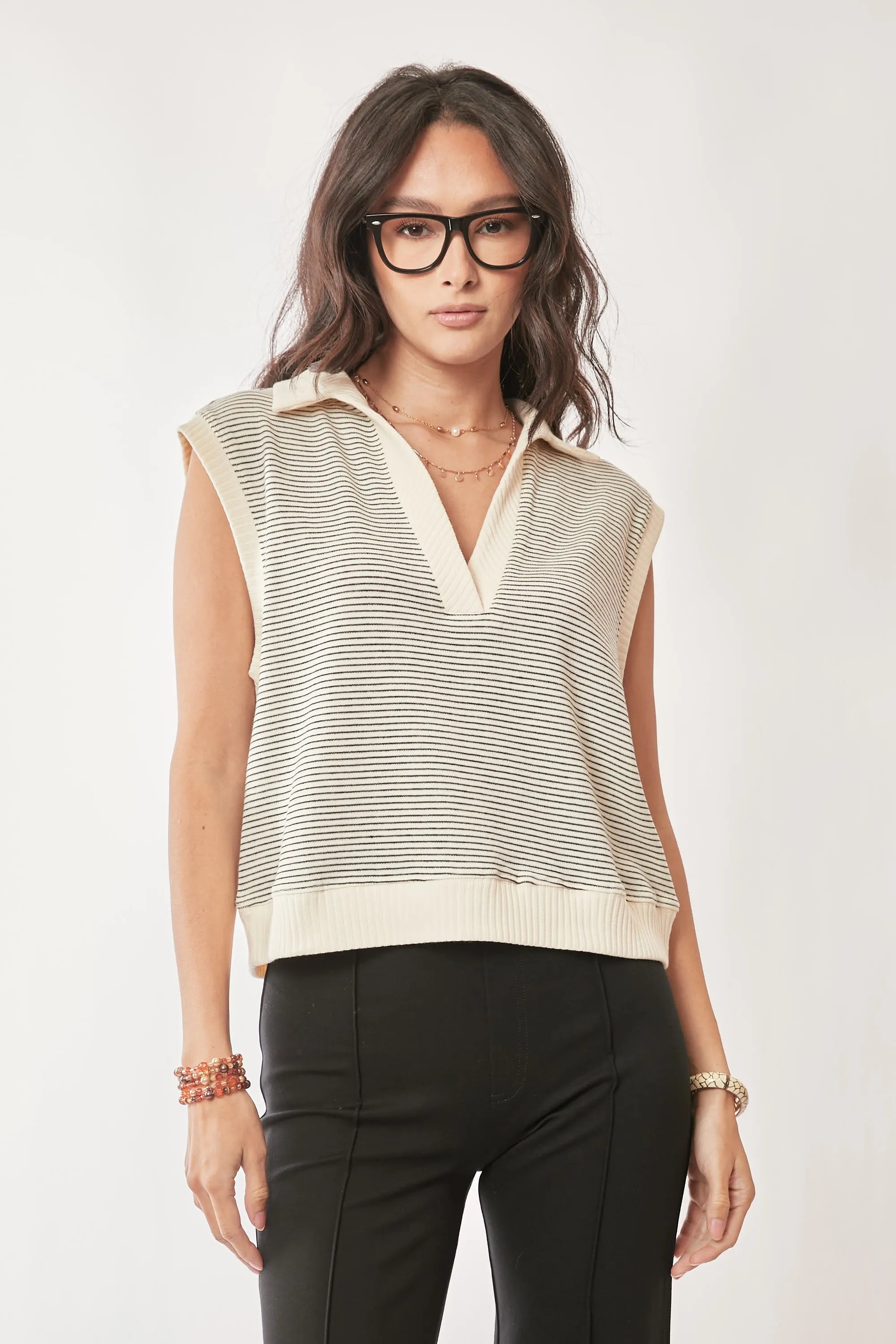 Davi & Dani French Terry Boxy Fit Striped Sweater Vest CREAM BLACK - Fashorio