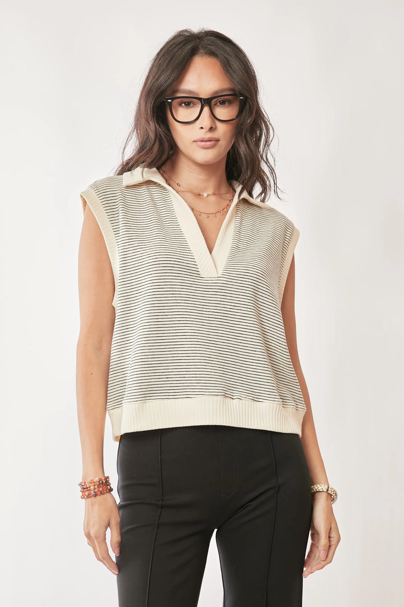 French Terry Striped Boxy Sweater Vest in Cream and Black
