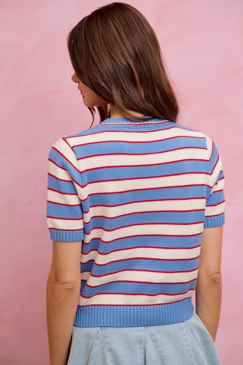 Striped short sleeve sweater top styled with denim