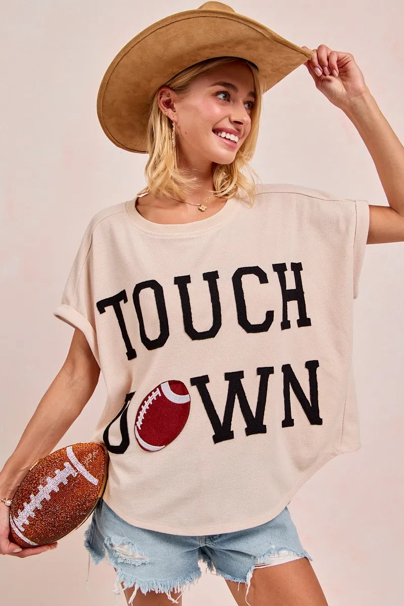 BiBi Game Day Touchdown Letter Patches Waffle Short Top OATMEAL BLACK - Fashorio