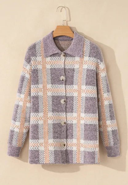 Plaid Button Up Collared Neck Cardigan - Fashorio