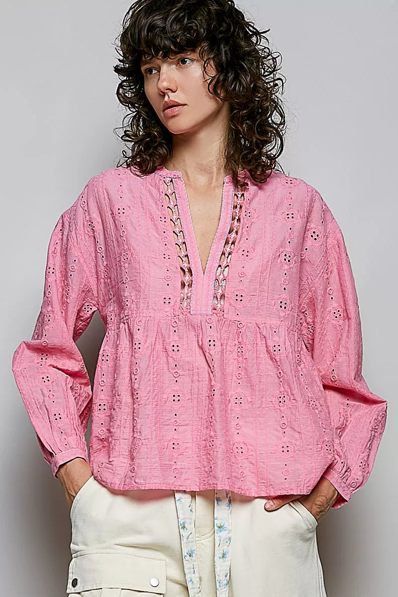 POL eyelet lace split neck cotton blouse in candy pink, front view