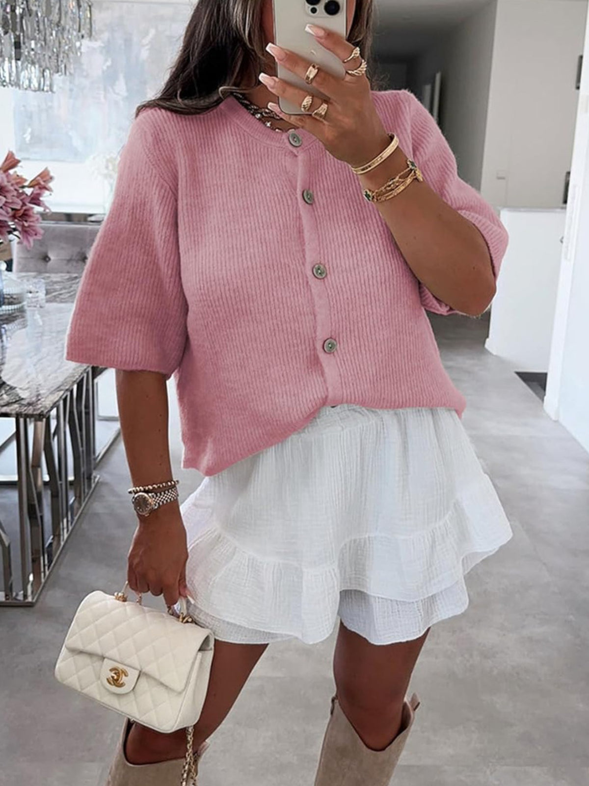 Short sleeve cardigan dusty pink tone
