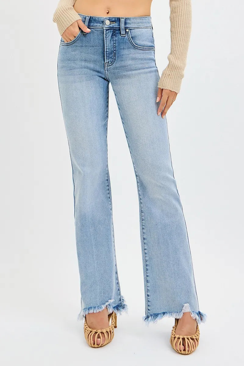 RISEN tummy control mid rise flare jeans medium blue wash front view