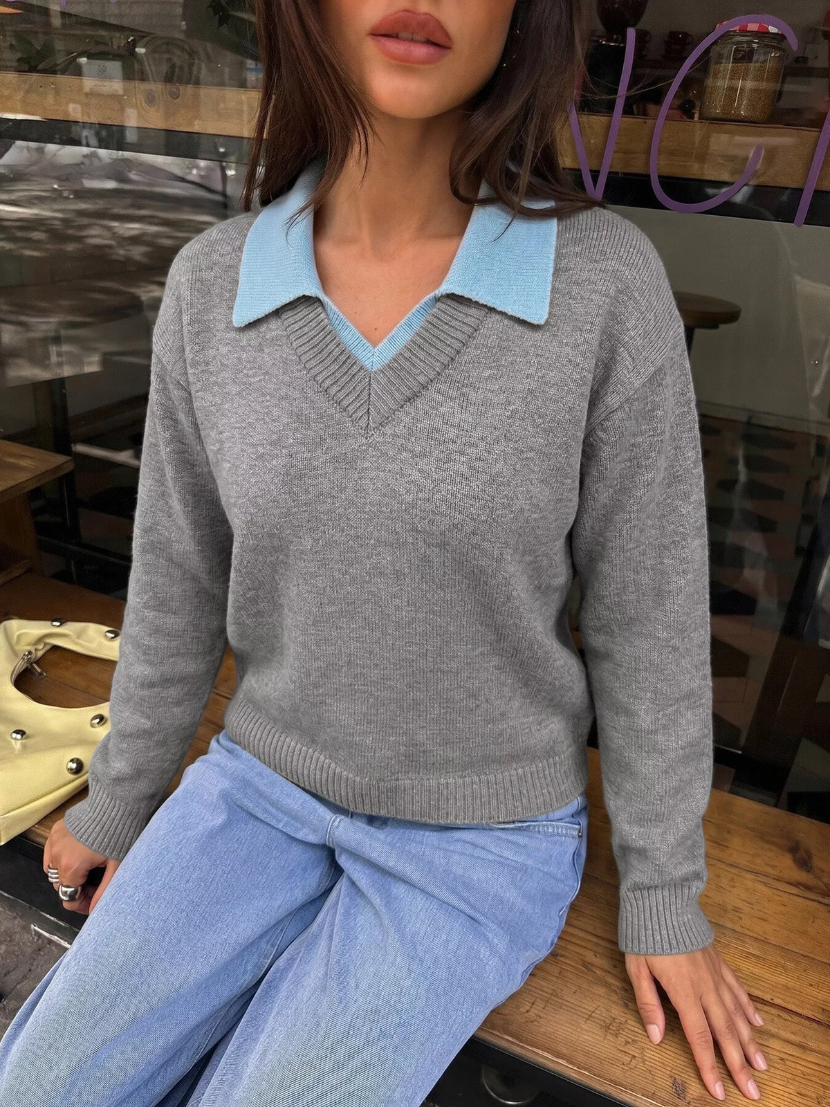 Contrast Collar Drop Shoulder Sweater side view