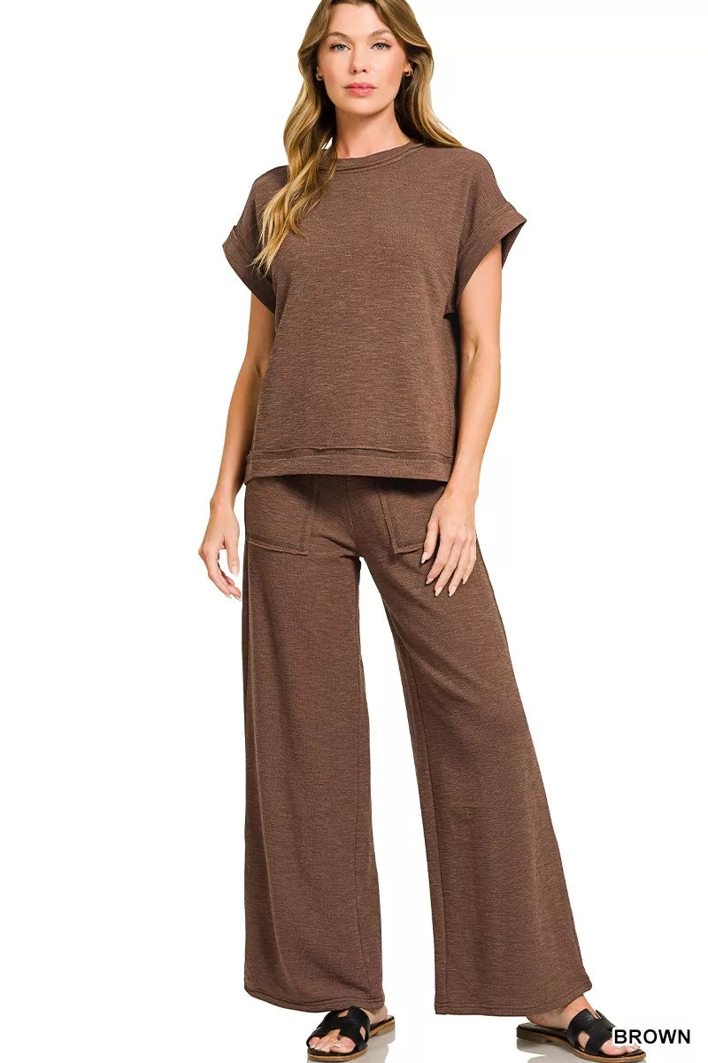 Brown cotton slub short sleeve tee and pants set front view